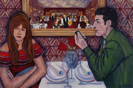 A couple sits in a restaurant awaiting a waiter.  The man looks at his cellphone and the woman's face displays her feelings and emotions.  Directly behind them hangs a mirror that reflects the rest of the restaurant happily enjoying each others' company.