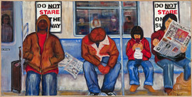 In a New York subway sits an African American male sleeping, a Hispanic man looking down at some papers, an Asian girl playing on a smart phone, and her mother reading a newspaper.  You have to do something on the subway because you can't stare.