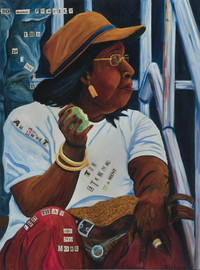 The African American women sits on a bleacher eating an apple, looking at something between the bites she takes of her green apple.  